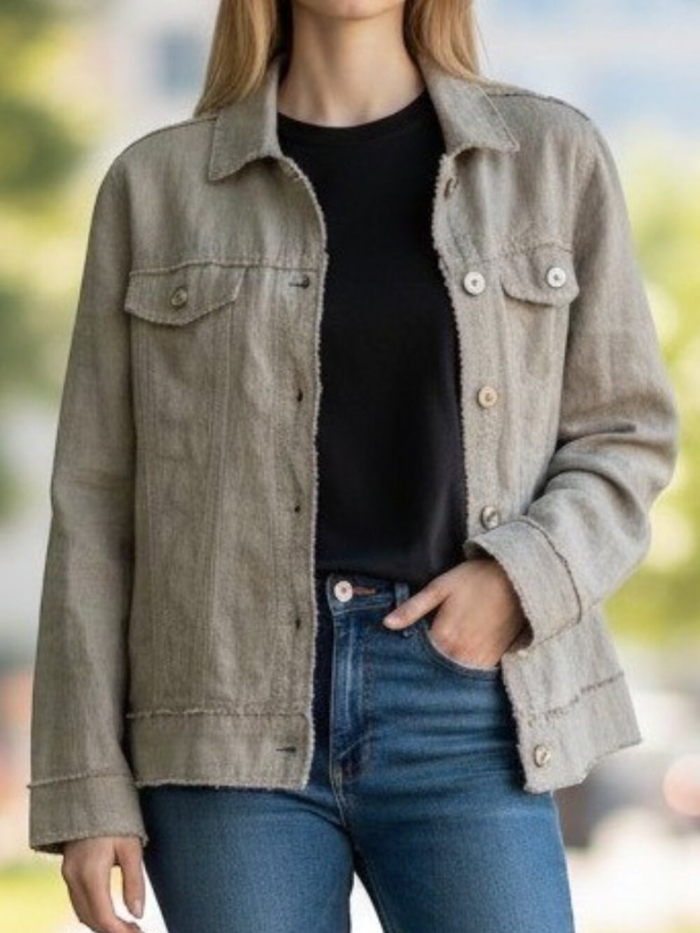 Charter Club Luxury Womens 100% Linen Frayed Trim Button Front Jacket Taupe M